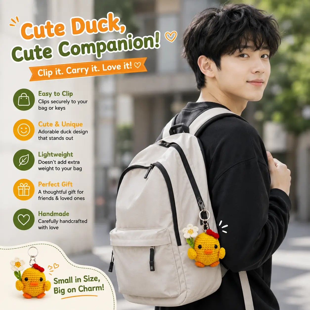 korean boy using duck keychain